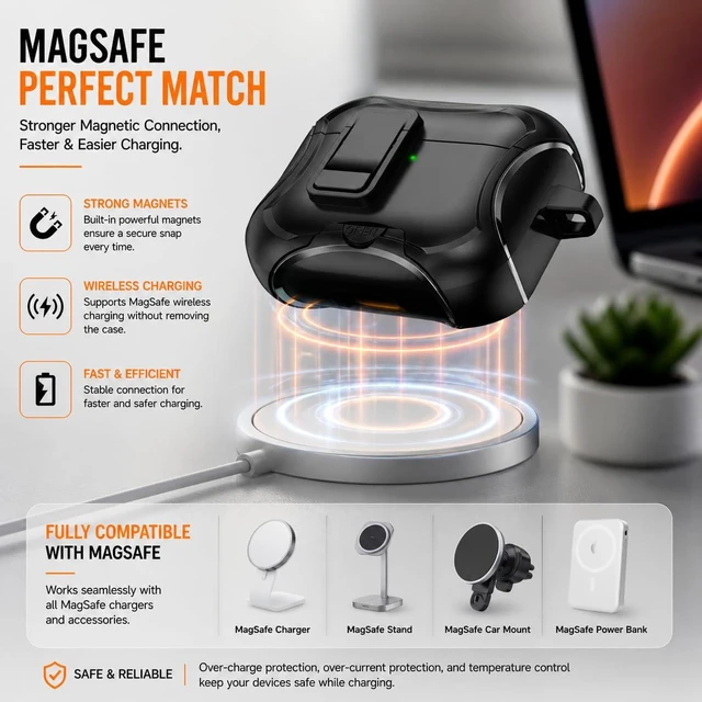 Alt view image 3 of 7 - for AirPods Pro 3 Case (2025), Compatible with AirPods Pro 3rd Generation, MagSafe Compatible, Magnetic Locking Lid, Protective Cover, Phone Stand Design, Cleaning Kit & Keychain Included, Black