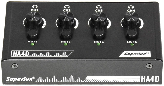 Main image of HA4D 4-Channel Headphone Amplifier, USB-C Power, Volume and Mute For podcasts, classrooms and group recording; 4 independent 3.5mm outputs with volume and mute controls plus USB-C power