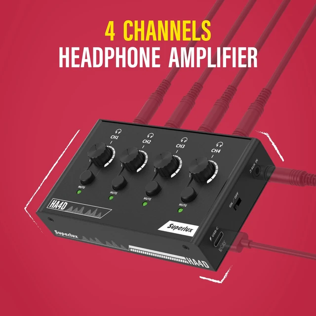 Alt view image 3 of 7 - HA4D 4-Channel Headphone Amplifier, USB-C Power, Volume and Mute For podcasts, classrooms and group recording; 4 independent 3.5mm outputs with volume and mute controls plus USB-C power
