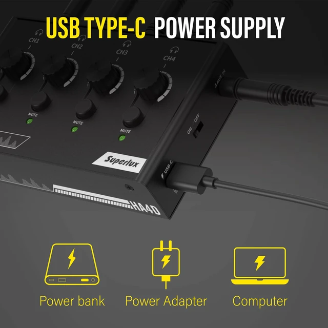 Alt view image 6 of 7 - HA4D 4-Channel Headphone Amplifier, USB-C Power, Volume and Mute For podcasts, classrooms and group recording; 4 independent 3.5mm outputs with volume and mute controls plus USB-C power