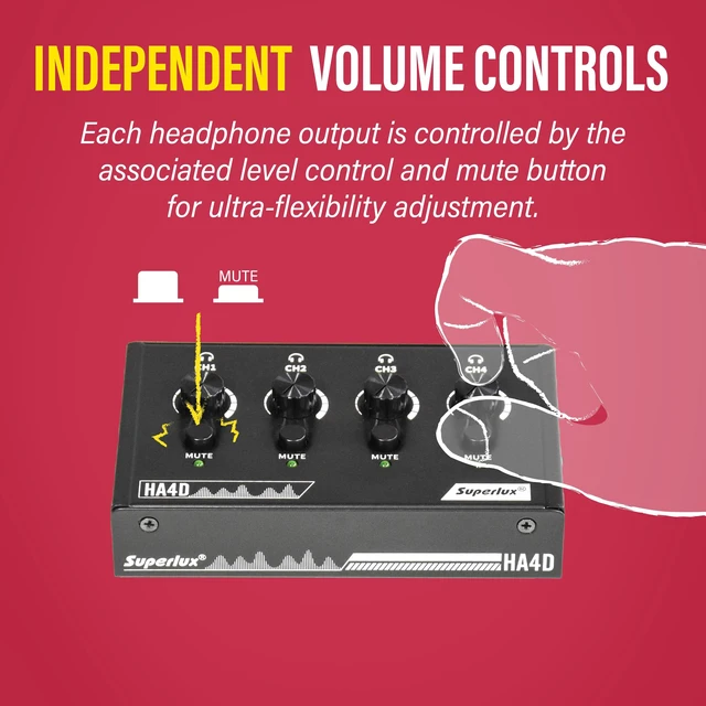 Alt view image 5 of 7 - HA4D 4-Channel Headphone Amplifier, USB-C Power, Volume and Mute For podcasts, classrooms and group recording; 4 independent 3.5mm outputs with volume and mute controls plus USB-C power
