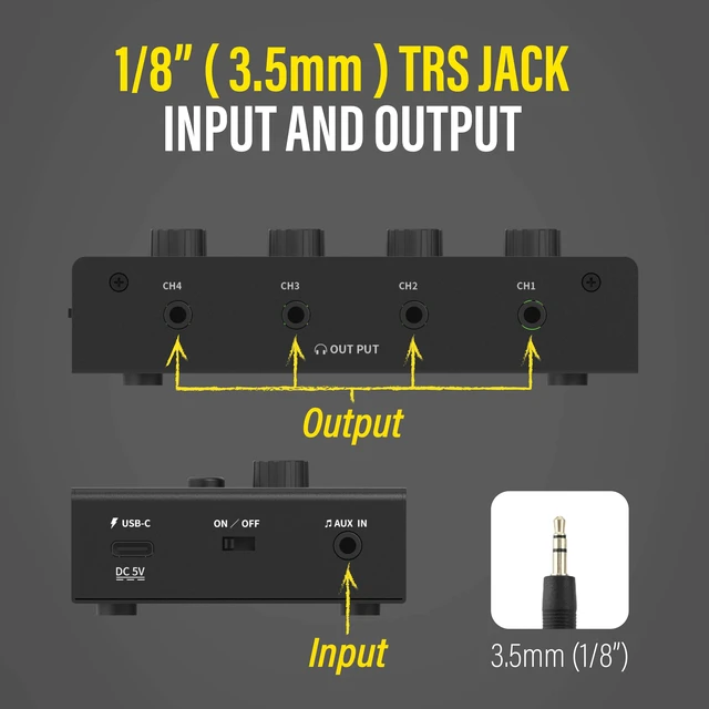 Alt view image 4 of 7 - HA4D 4-Channel Headphone Amplifier, USB-C Power, Volume and Mute For podcasts, classrooms and group recording; 4 independent 3.5mm outputs with volume and mute controls plus USB-C power
