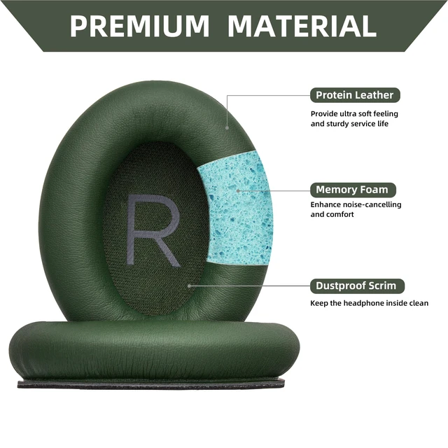 Alt view image 3 of 7 - Replacement Ear Pads for Bose QC45, QC SE and New QC, Green Earpads Cushions with Softer Leather, Thicker Memory Foam, for QC45, QC SE, New QuietComfort Wireless Over Ear Headphones