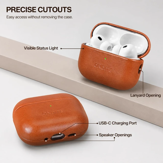 Alt view image 5 of 7 - ONDITE Vegan Leather Case for AirPods Pro 3, Adjustable Wrist Strap(Brown) Protective Hard Shell Case Cover, Wireless Charging Compatible, Rich Brown Leather Texture, Designer Look, Gift-Ready