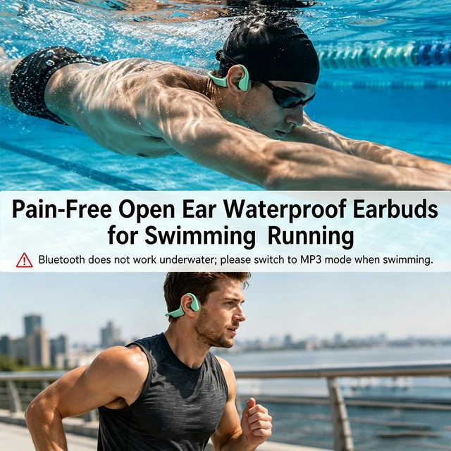 Alt view image 4 of 7 - Swimming Headphones Underwater, Bone Conduction Swimming Headphones IPX8 Waterproof Open Ear Headphones with 32GB Built-in MP3, Bluetooth 6.0 Dual Mode, Dual Device Pairing, Magnetic Charging(Green