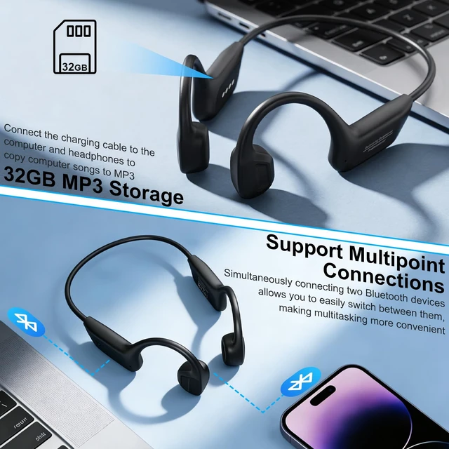 Alt view image 7 of 7 - Swimming Headphones Underwater, Bone Conduction Swimming Headphones IPX8 Waterproof Open Ear Headphones with 32GB Built-in MP3, Bluetooth 6.0 Dual Mode, Dual Device Pairing, Magnetic Charging(Black