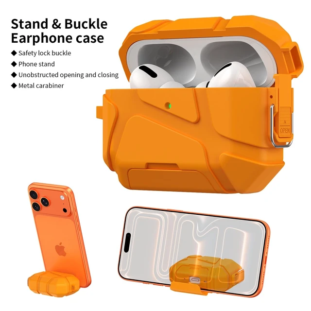 Alt view image 4 of 7 - Case for AirPods 4 with Secure Lock, Hard Protective Cover Compatible with AirPods 4th Generation with Phone Holder, Magnetic Lock, Compatible with Magsafe (Airpods 4- Orange)