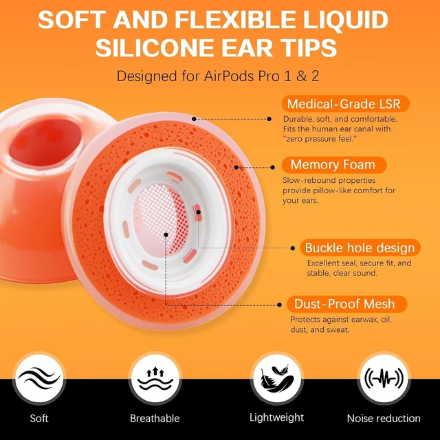 Alt view image 2 of 7 - Memory Foam Ear Tips for AirPods Pro 1st & 2nd Gen - Upgraded Liquid Silicone Rubber, Superior Noise Isolation, Secure Fit & Ultimate Comfort, Fits Charging Case, 1 Pair (Orange, Large)