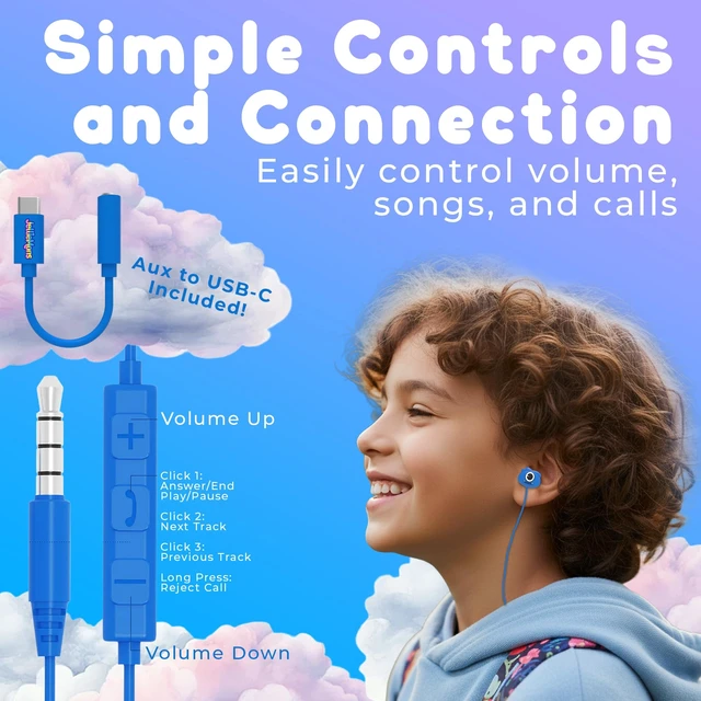Alt view image 4 of 7 - Jellie Drops Wired Earbuds for Kids, Featuring Colorful Characters. Silicone Storage case, 3.5mm aux, USB C Adapter, Volume Control, School Ready, Cute, Lightweight, and Compact. (Black)