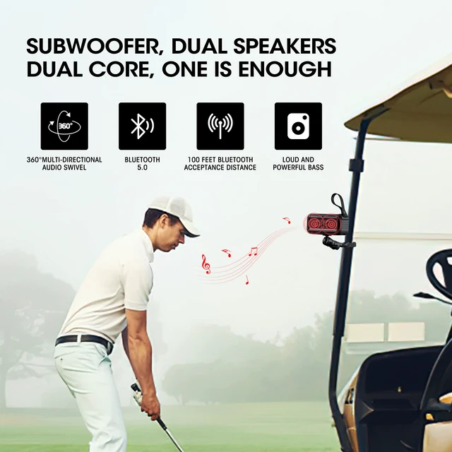 Alt view image 3 of 7 - Golf Bluetooth Speaker with Mount, Loud Stereo Sound, IPX7 Waterproof, Shockproof & Dustproof, Portable Wireless Speaker Compatible with EZGO/Club Car/Yamaha Golf Cart Accessories