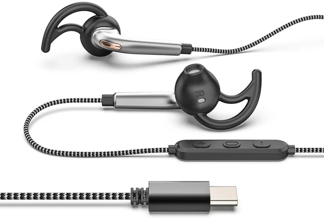 Main image of Wired USB C Headphones for Sports Running, Half in-Ear Earbuds with Microphone, Secure Fit, Tangle-Free Braided Cord, Pure Sound, Type C Earphones with Mic for Workouts, Gym, Jogging - Silver