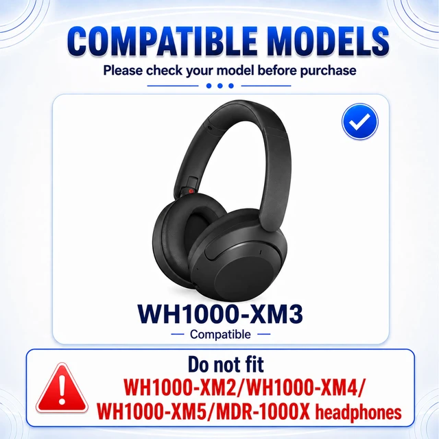 Alt view image 2 of 7 - Replacement Ear Pads for Sony WH-1000XM3 Headphones, Ear Cushions for WH1000XM3, Extra Thick Earpads, Headphone Pads with Protein LeatherMemory Foam, Replacement Cushions