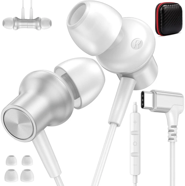 Main image of USB C Earbuds Wired for iPad/iPhone 18 Pro Max Duo 17 Air Plus, Silver 90° Right Angle Type C Earphones with Mic Stereo Magnet in Ear Wired Headphones for Samsung S26 S25 S24 Ultra S23/Pixel 11 10