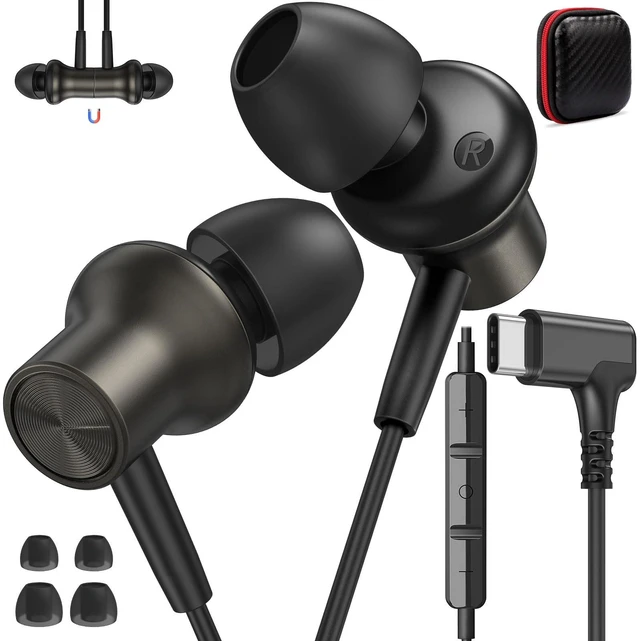 Main image of USB C Headphones Wired for iPad/iPhone 18 Pro Max Duo 17 Air 16 15 Plus 90° Right Angle Type C Earphone with Mic Stereo Magnet Wired Earbud for Samsung S26 S25 S24 Ultra S23/Pixel 11 10 9, Gunmetal