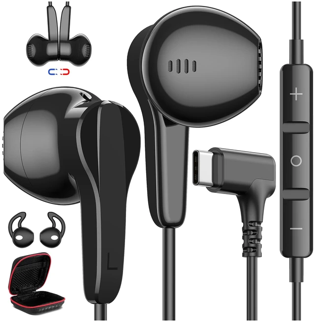 Main image of 90° Right Angle USB C Earbuds Wired for Samsung S26 Ultra S25 S24 Type C Earphones with Mic Stereo Magnet in Ear Wired Headphones for iPhone 18 Pro Max Duo 17 Air 16 15 Plus/Pixel 10 9, Black