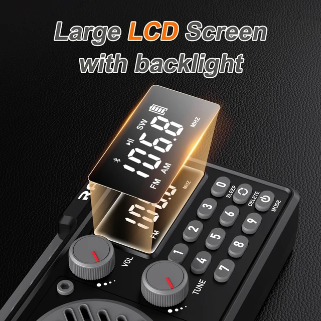 Alt view image 7 of 7 - Portable Radio AM FM Shortwave, Rechargeable Radio Bluetooth Speaker-Black 1500mAh 30H Playback, Excellent Reception, Large LCD Screen, Support TF Card U Disk, Sleep Timer, 3W Speaker Stereo Sound