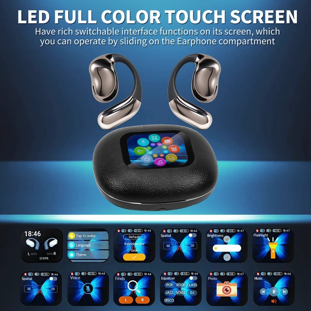 Alt view image 2 of 7 - Open Ear Headphones with Touchscreen, Over Ear Bluetooth Earbuds, Black Bluetooth 5.4, 68H Playtime with Charging Case, Over Headphones with Silicone Ear Hooks, for Outdoors Fitness Sport
