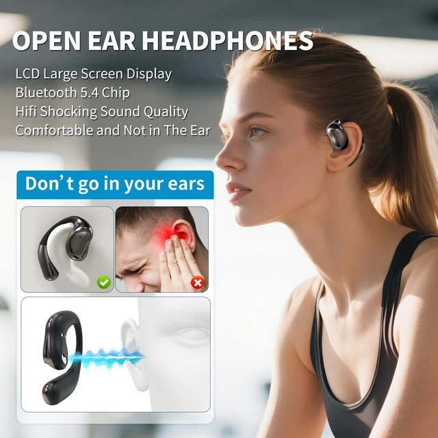 Alt view image 3 of 7 - Open Ear Headphones with Touchscreen, Over Ear Bluetooth Earbuds, Black Bluetooth 5.4, 68H Playtime with Charging Case, Over Headphones with Silicone Ear Hooks, for Outdoors Fitness Sport