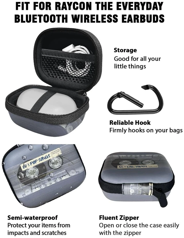 Alt view image 4 of 6 - Portable Headphone Case, Earphone Storage Bag Carrying Case, Earbud Holder with Carabiner Compatible with Raycon Fitness Bluetooth True Wireless Earbuds - Retro Clear Cassette Tape Pop Songs