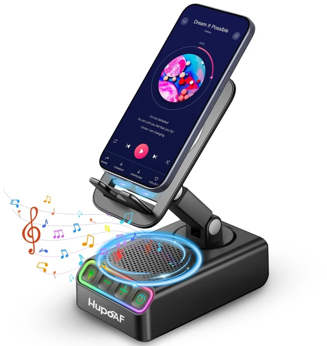 Main image of Adjustable Cell Phone Stand with Wireless Induction Bluetooth Speaker, HD Surround Sound & RGB Rhythm Lights, Foldable Portable Stand for Desk, Kitchen Counter, Home Office, Gift for Men Women Dad Mom