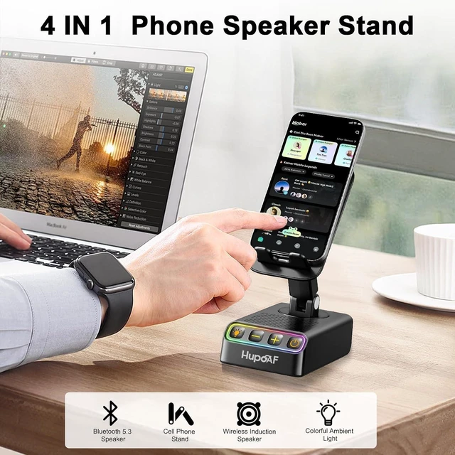 Alt view image 2 of 7 - Adjustable Cell Phone Stand with Wireless Induction Bluetooth Speaker, HD Surround Sound & RGB Rhythm Lights, Foldable Portable Stand for Desk, Kitchen Counter, Home Office, Gift for Men Women Dad Mom