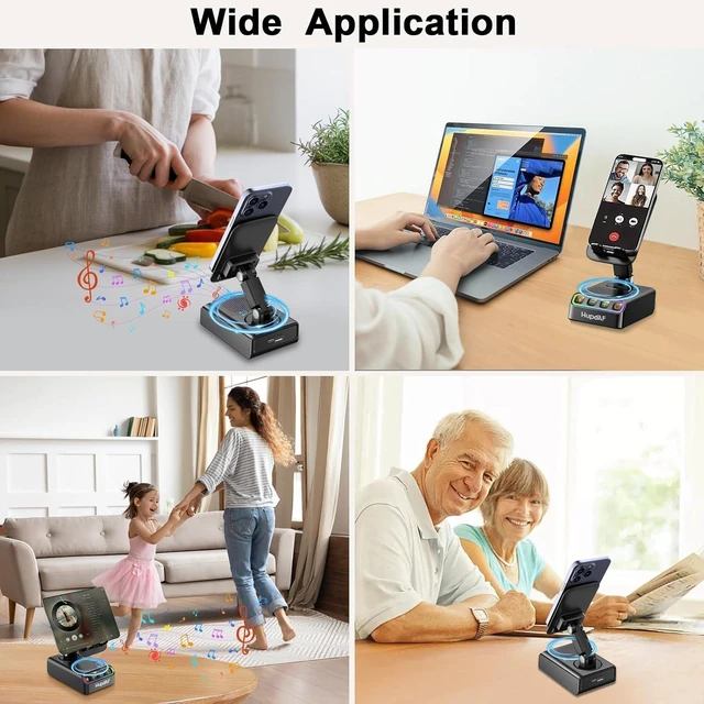 Alt view image 4 of 7 - Adjustable Cell Phone Stand with Wireless Induction Bluetooth Speaker, HD Surround Sound & RGB Rhythm Lights, Foldable Portable Stand for Desk, Kitchen Counter, Home Office, Gift for Men Women Dad Mom