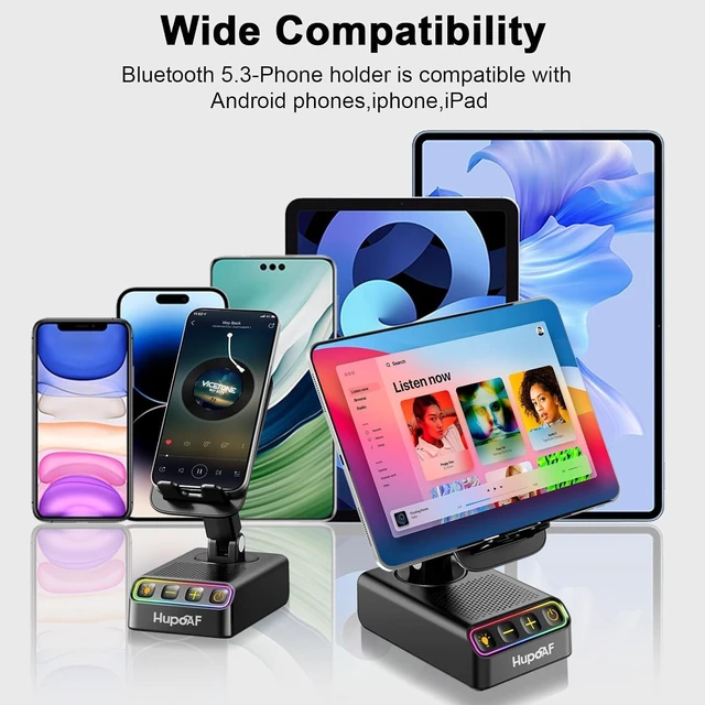 Alt view image 5 of 7 - Adjustable Cell Phone Stand with Wireless Induction Bluetooth Speaker, HD Surround Sound & RGB Rhythm Lights, Foldable Portable Stand for Desk, Kitchen Counter, Home Office, Gift for Men Women Dad Mom