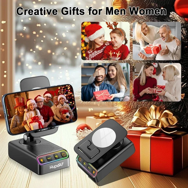 Alt view image 6 of 7 - Adjustable Cell Phone Stand with Wireless Induction Bluetooth Speaker, HD Surround Sound & RGB Rhythm Lights, Foldable Portable Stand for Desk, Kitchen Counter, Home Office, Gift for Men Women Dad Mom