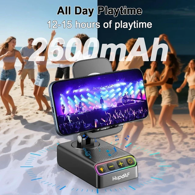 Alt view image 7 of 7 - Adjustable Cell Phone Stand with Wireless Induction Bluetooth Speaker, HD Surround Sound & RGB Rhythm Lights, Foldable Portable Stand for Desk, Kitchen Counter, Home Office, Gift for Men Women Dad Mom