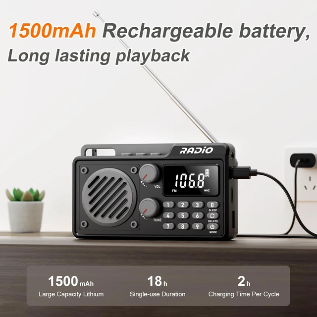 Alt view image 2 of 7 - Portable Radio AM FM Shortwave, Rechargeable Radio Bluetooth Speaker-Black 1500mAh 30H Playback, Excellent Reception, Large LCD Screen, Support TF Card U Disk, Sleep Timer, 3W Speaker Stereo Sound