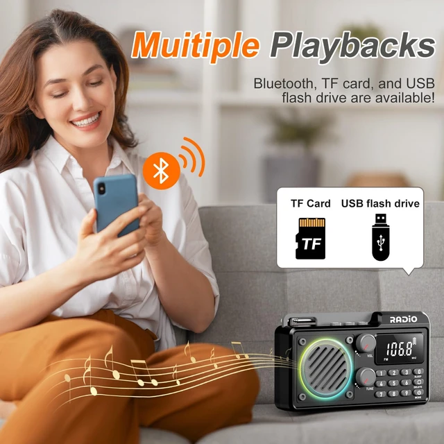 Alt view image 3 of 7 - Portable Radio AM FM Shortwave, Rechargeable Radio Bluetooth Speaker-Black 1500mAh 30H Playback, Excellent Reception, Large LCD Screen, Support TF Card U Disk, Sleep Timer, 3W Speaker Stereo Sound