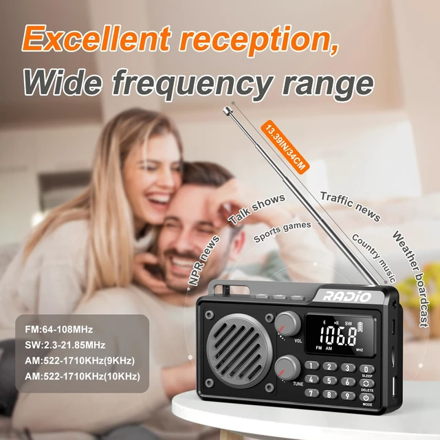 Alt view image 4 of 7 - Portable Radio AM FM Shortwave, Rechargeable Radio Bluetooth Speaker-Black 1500mAh 30H Playback, Excellent Reception, Large LCD Screen, Support TF Card U Disk, Sleep Timer, 3W Speaker Stereo Sound