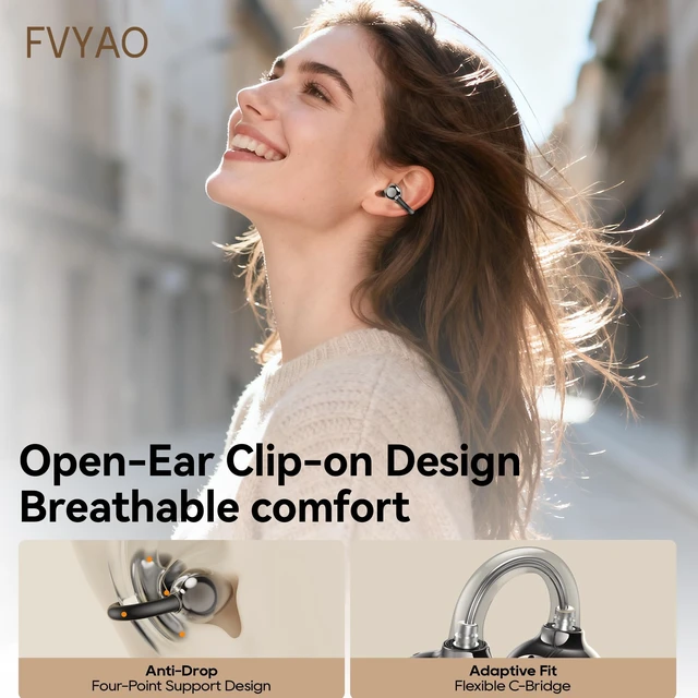 Alt view image 2 of 7 - Open Ear Clip on Earbuds Bluetooth Headphones Wireless Ear Buds Bluetooth 5.4 LED Digital Display IPX5 Waterproof HiFi Stereo 36H Playtime Comfortable Lightweight