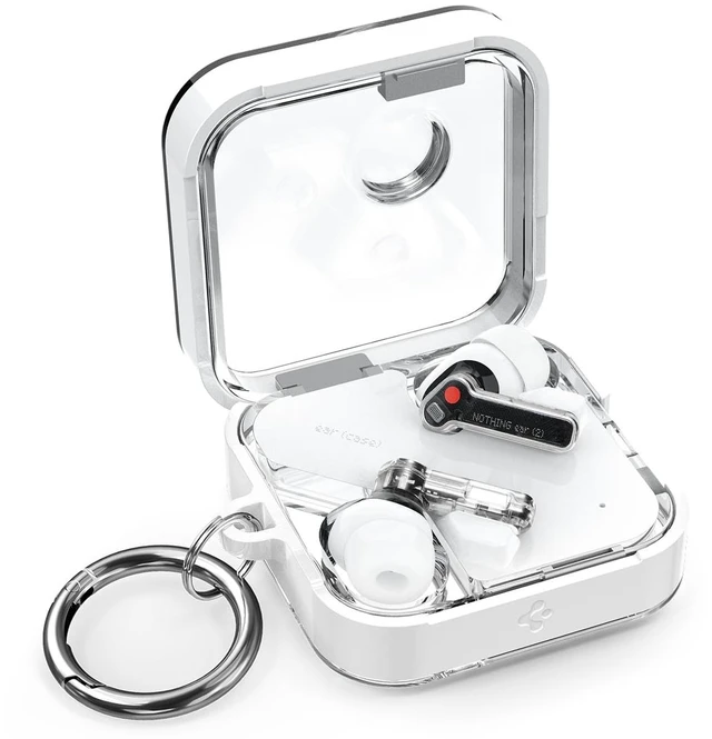 Main image of Ultra Hybrid Designed for Nothing Ear 2 Case (2023) Dual Layer Protection, Transparent PC Shell with TPU Bumpers. Included Carabiner - Jet White