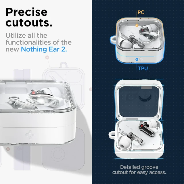 Alt view image 5 of 7 - Ultra Hybrid Designed for Nothing Ear 2 Case (2023) Dual Layer Protection, Transparent PC Shell with TPU Bumpers. Included Carabiner - Jet White