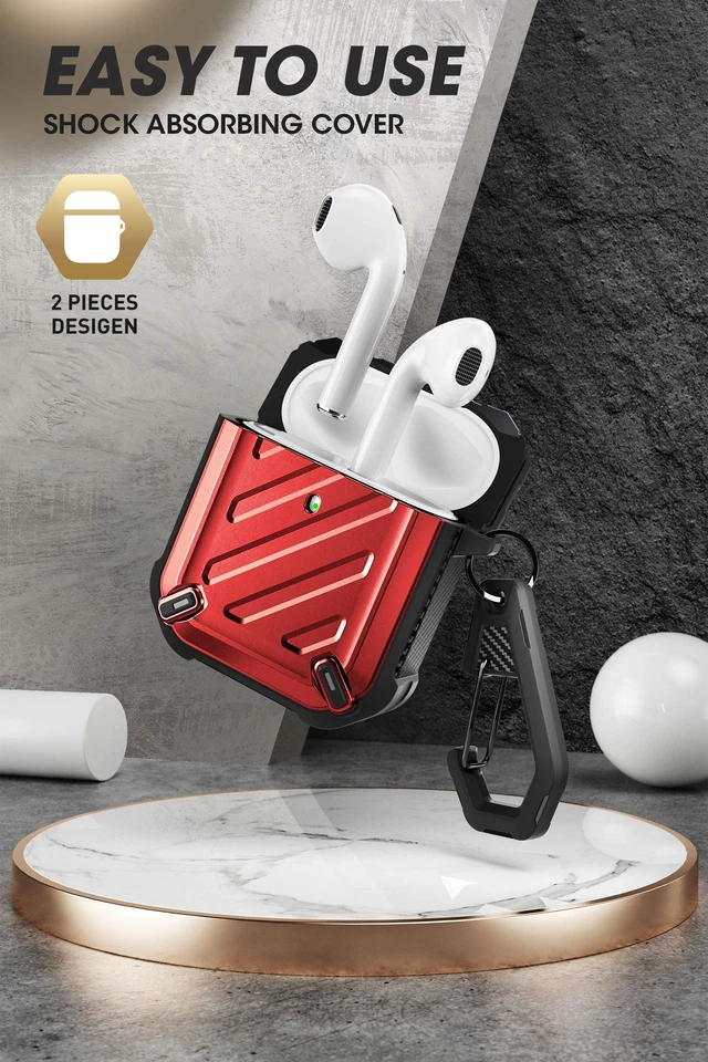 Alt view image 3 of 6 - for AirPods 2 / AirPods1 Military-Grade Case with Carabiner, Red Military-Grade Drop Protection, Anti-Scratch Hard Shell Cover for AirPods 1st / 2nd, Supports Wireless Charging, UB Pro