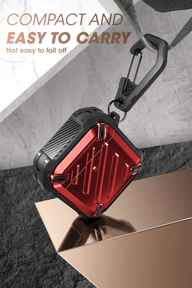 Alt view image 4 of 6 - for AirPods 2 / AirPods1 Military-Grade Case with Carabiner, Red Military-Grade Drop Protection, Anti-Scratch Hard Shell Cover for AirPods 1st / 2nd, Supports Wireless Charging, UB Pro