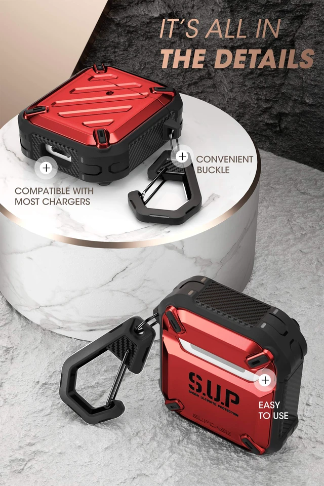 Alt view image 5 of 6 - for AirPods 2 / AirPods1 Military-Grade Case with Carabiner, Red Military-Grade Drop Protection, Anti-Scratch Hard Shell Cover for AirPods 1st / 2nd, Supports Wireless Charging, UB Pro