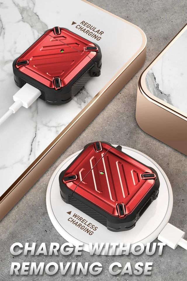 Alt view image 6 of 6 - for AirPods 2 / AirPods1 Military-Grade Case with Carabiner, Red Military-Grade Drop Protection, Anti-Scratch Hard Shell Cover for AirPods 1st / 2nd, Supports Wireless Charging, UB Pro