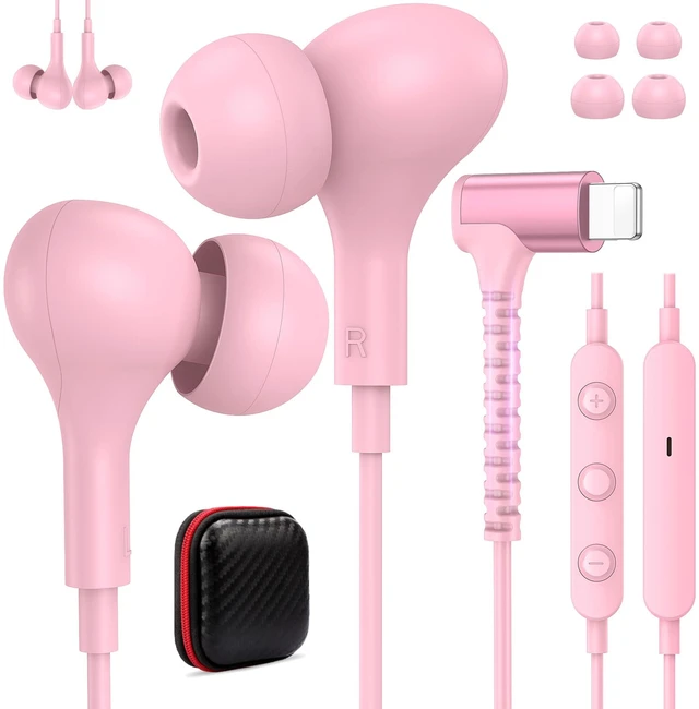 Main image of Wired Headphones for iPhone 14 13 Pro MFi-Certified Lighting Pink Cord Earbuds for iPhone 12 11 XS Max XR XS SE 8 Plus Right Angle Plug Magnetic Earphones Built-in Mic Volume Control Headset
