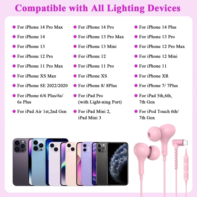 Alt view image 5 of 7 - Wired Headphones for iPhone 14 13 Pro MFi-Certified Lighting Pink Cord Earbuds for iPhone 12 11 XS Max XR XS SE 8 Plus Right Angle Plug Magnetic Earphones Built-in Mic Volume Control Headset