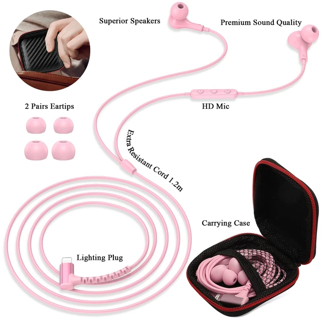 Alt view image 7 of 7 - Wired Headphones for iPhone 14 13 Pro MFi-Certified Lighting Pink Cord Earbuds for iPhone 12 11 XS Max XR XS SE 8 Plus Right Angle Plug Magnetic Earphones Built-in Mic Volume Control Headset