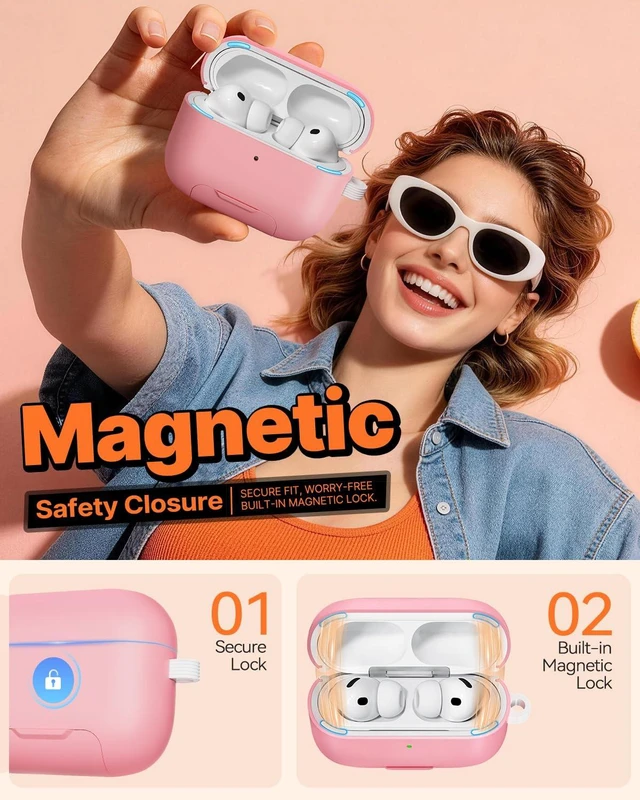 Alt view image 5 of 7 - for AirPods Pro 3 Case, Magnetic Lock Design (Pink) Built-in Phone Stand, Magnetic Lock Design, Compatible with Magsafe, Anti-Scratch, Shockproof, with Cleaning Kit & Lanyard