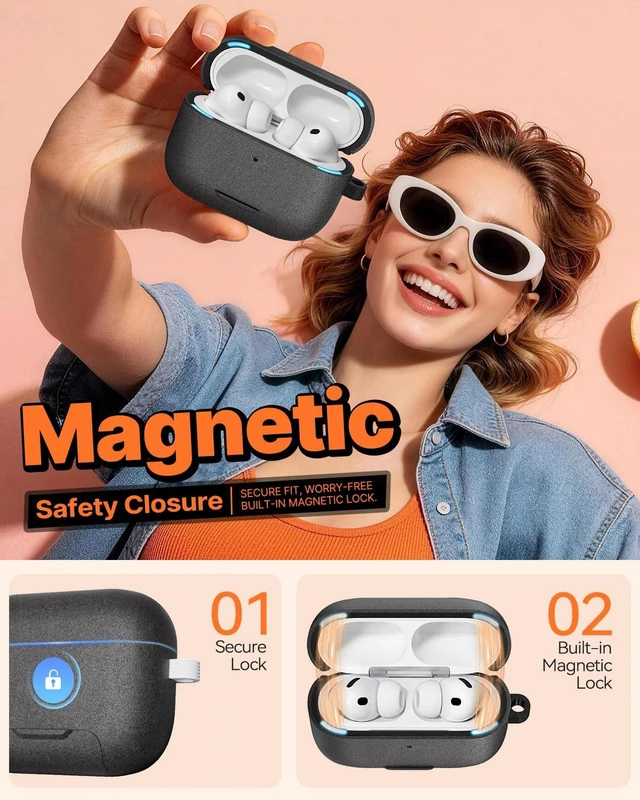 Alt view image 5 of 7 - for AirPods Pro 3 Case, Magnetic Lock Design (Fuzzy Gray) Built-in Phone Stand, Magnetic Lock Design, Compatible with Magsafe, Anti-Scratch, Shockproof, with Cleaning Kit & Lanyard