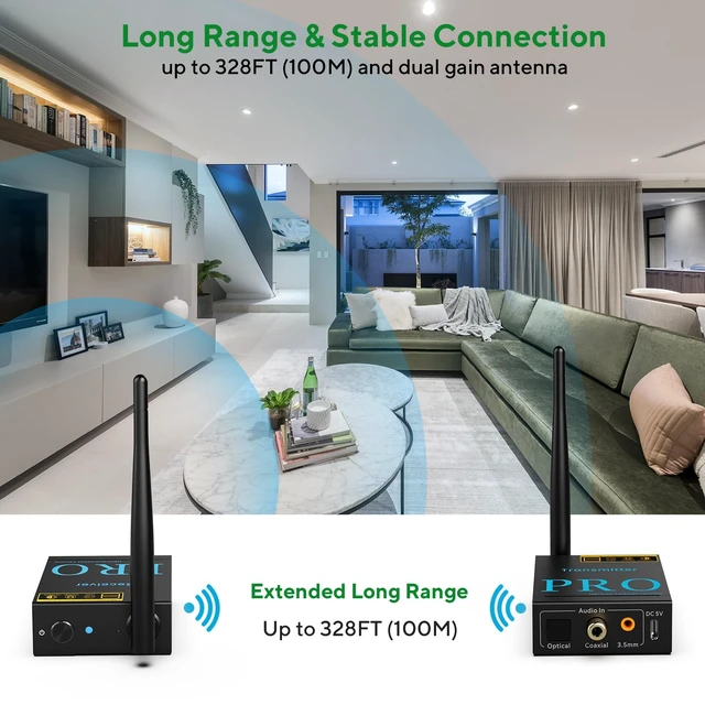 Alt view image 5 of 7 - 2.4Ghz Wireless Audio Transmitter Receiver, 192kHz/24bit HiFi Audio, 20ms Low Latency, 328ft Long Range, Wireless Adapter Kit for Subwoofer/Active Speaker, Optical/Coaxial/3.5mm(RCA) Ports