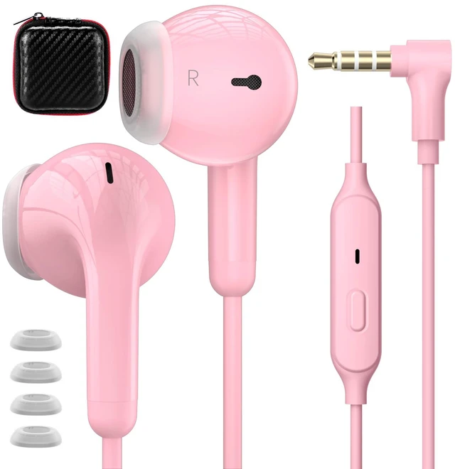 Main image of 3.5mm Wired Earbuds in-Ear Headphones with Mic & Mute for MacBook Plug in Ear Buds Aux, HiFi Stereo Audio Jack Corded Earphones for Chromebook/HP/Laptop/PC/Kid/School/Airplane/Travel, Pink