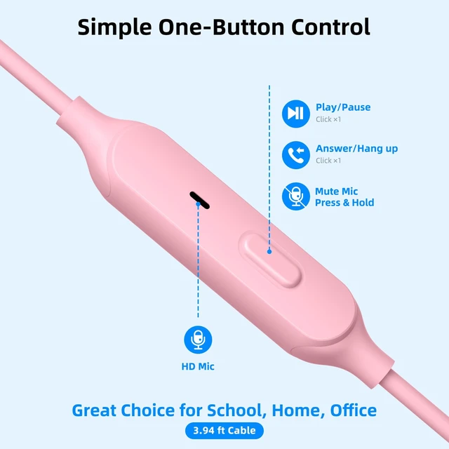 Alt view image 4 of 7 - 3.5mm Wired Earbuds in-Ear Headphones with Mic & Mute for MacBook Plug in Ear Buds Aux, HiFi Stereo Audio Jack Corded Earphones for Chromebook/HP/Laptop/PC/Kid/School/Airplane/Travel, Pink