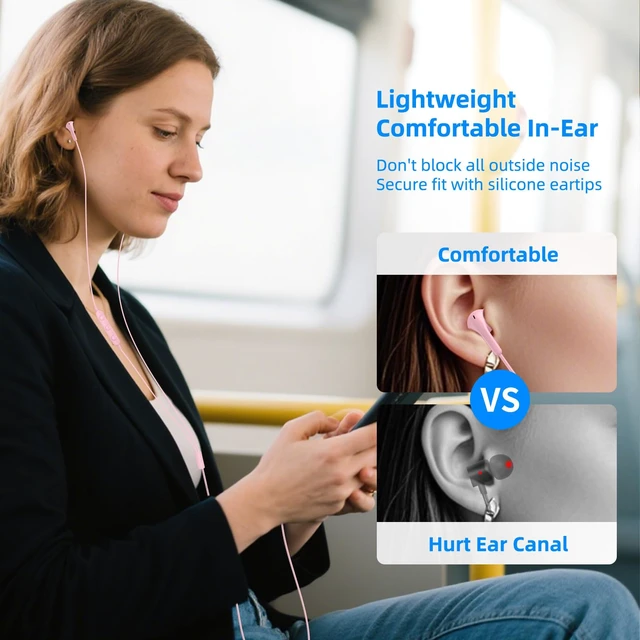 Alt view image 5 of 7 - 3.5mm Wired Earbuds in-Ear Headphones with Mic & Mute for MacBook Plug in Ear Buds Aux, HiFi Stereo Audio Jack Corded Earphones for Chromebook/HP/Laptop/PC/Kid/School/Airplane/Travel, Pink