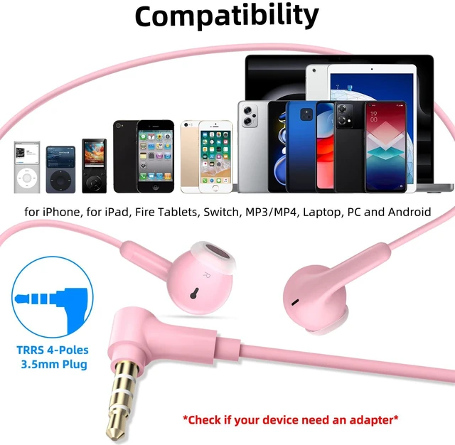 Alt view image 3 of 7 - 3.5mm Wired Earbuds in-Ear Headphones with Mic & Mute for MacBook Plug in Ear Buds Aux, HiFi Stereo Audio Jack Corded Earphones for Chromebook/HP/Laptop/PC/Kid/School/Airplane/Travel, Pink