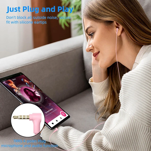 Alt view image 6 of 7 - 3.5mm Wired Earbuds in-Ear Headphones with Mic & Mute for MacBook Plug in Ear Buds Aux, HiFi Stereo Audio Jack Corded Earphones for Chromebook/HP/Laptop/PC/Kid/School/Airplane/Travel, Pink